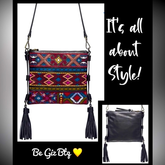 Johnny Was Zipped Crossbody Black Leather And Embroidery Design Tassel Bag NWT - Picture 3 of 16